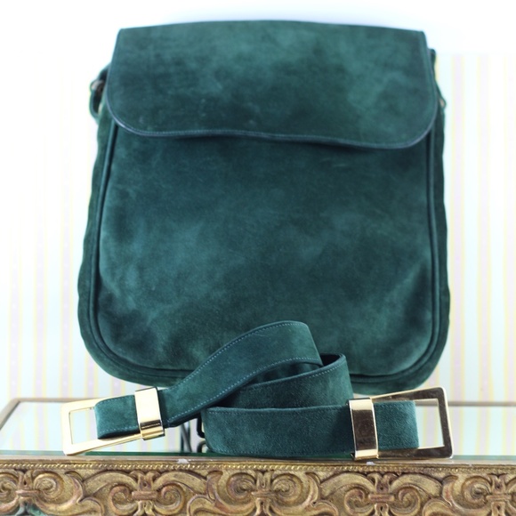 Vintage Suede Leather Gorgeous Green Bag - Picture 9 of 13